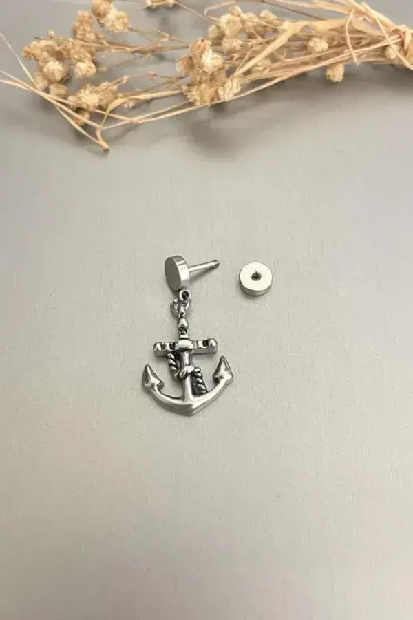 Unisex Gümüş Gotik Çapa Figürlü Sallantılı Çelik Küpe