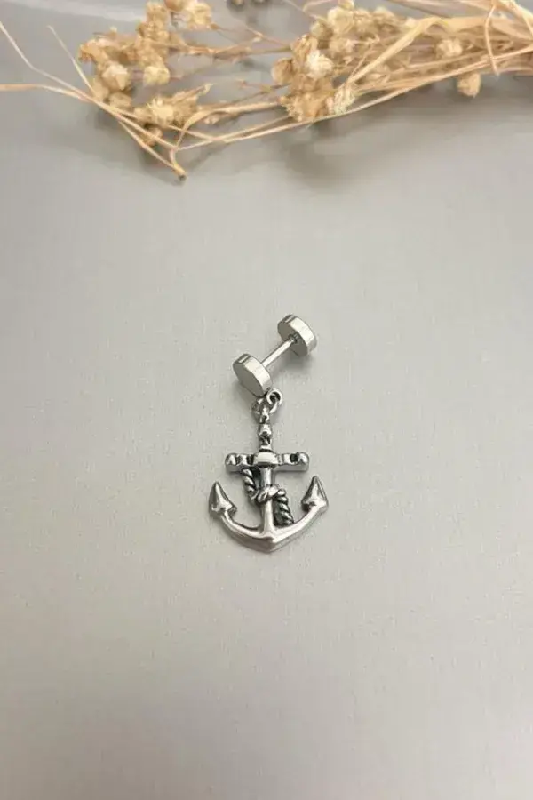 Unisex Gümüş Gotik Çapa Figürlü Sallantılı Çelik Küpe